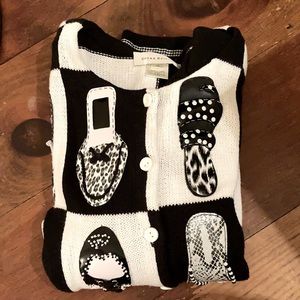 Black and white embroidered shoe cardigan button down sweater size M